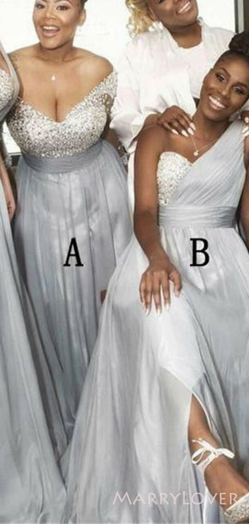 A-line Mismatched Silver Chiffon Beaded Long Custom Bridesmaid Dresses, BN1143