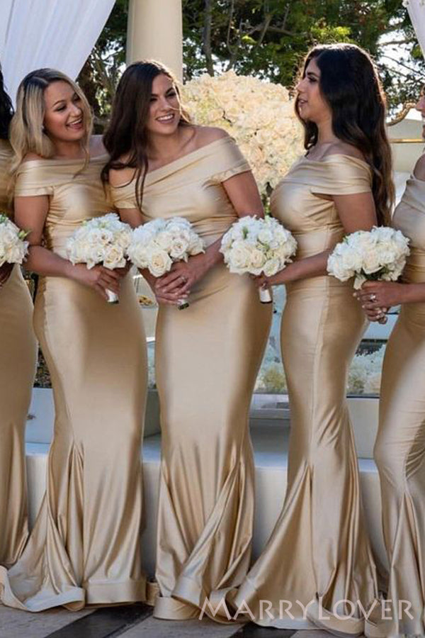 Off Shoulder Mermaid Gold Satin Long Custom Bridesmaid Dresses , BN1144
