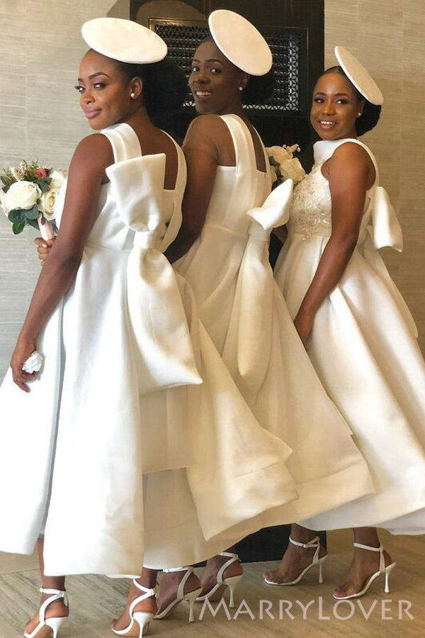 A-line White Satin High Neck Custom Bridesmaid Dresses , BN1152