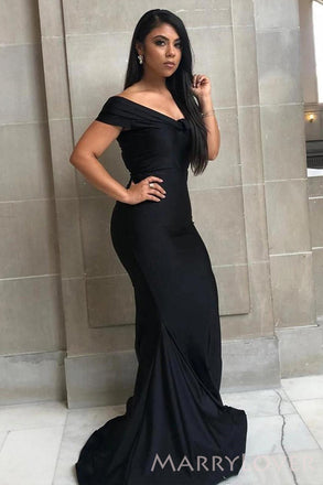 Off Shoulder Black Satin Long Mermaid Custom Bridesmaid Dresses , BN1153