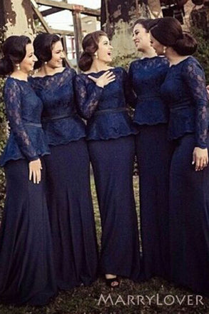 Navy Blue lace Long Sleeves Bateau Long Mermaid Custom Bridesmaid Dresses , BN1163