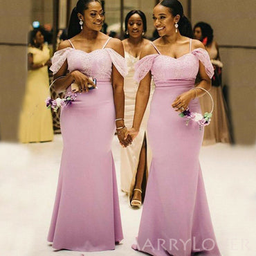 Off Shoulder Spaghetti Straps Purple Long Mermaid Custom Bridesmaid Dresses , BN1169