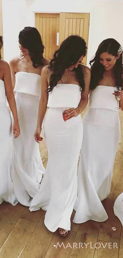 Simple Strapless White Long Mermaid Custom Bridesmaid Dresses , BN1174