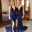 Sexy Deep V-neck Navy Blue Long Mermaid Side Slit Custom Bridesmaid Dresses , BN1176