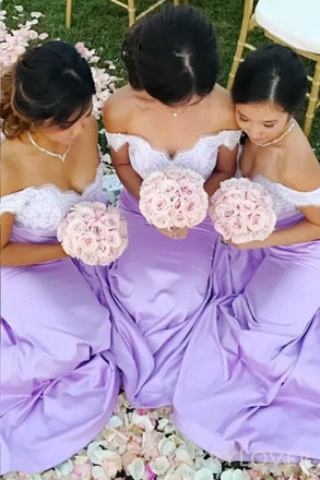 Lavender Satin Off Shoulder Appliques Long Mermaid Custom Bridesmaid Dresses , BN1179