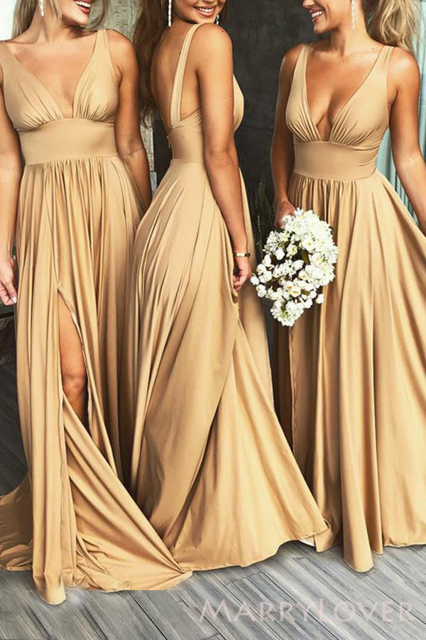 A-line Deep V-neck Long Side Slit Custom Bridesmaid Dresses , BN1181