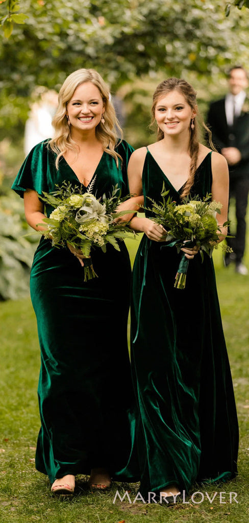 Mismatched Dark Green Velvet Deep V-neck Long Custom Bridesmaid Dresses , BN1191