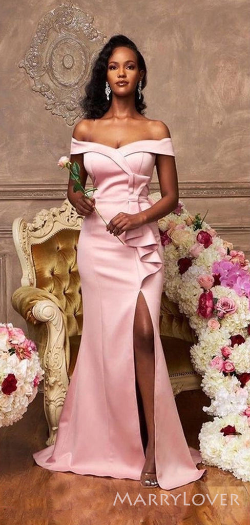 Pink Satin Off Shoulder Mermaid Long Side Slit Custom Bridesmaid Dresses , BN1196
