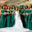 Off Shoulder Dark Green Sheath Long Side Slit Custom Bridesmaid Dresses , BN1201