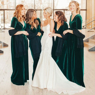 Simple Dark Green Velvet Half Sleeves Long V-neck Custom Bridesmaid Dresses , BN1202