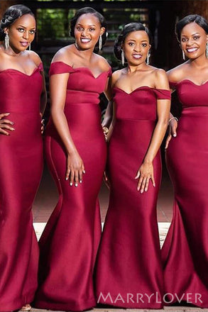 Off Shoulder Simple Dark Red Satin Mermaid Long Custom Bridesmaid Dresses , BN1215