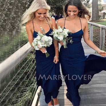 Simple Spaghetti Straps Navy Blue Chiffon Long Custom Bridesmaid Dresses , BN1218