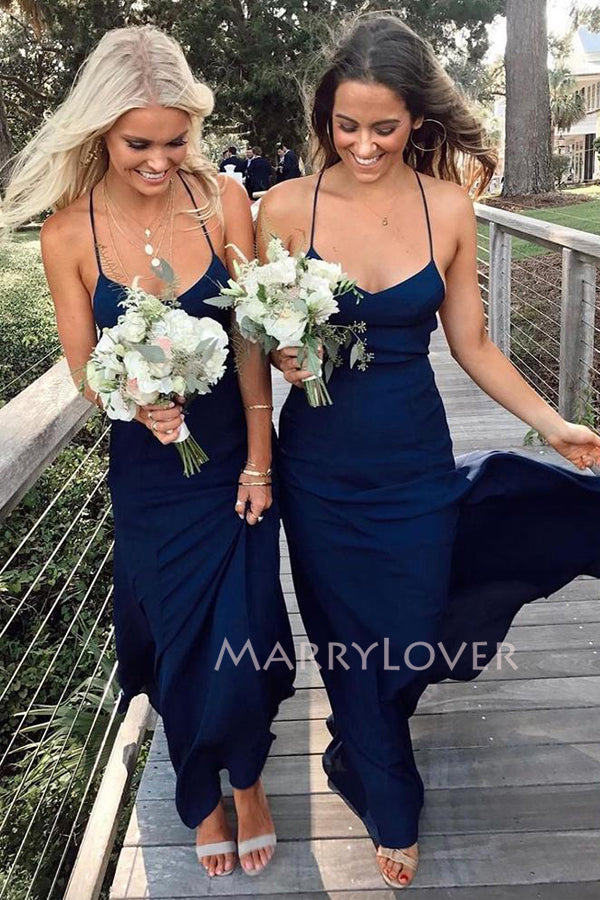 Simple Spaghetti Straps Navy Blue Chiffon Long Custom Bridesmaid Dresses , BN1218