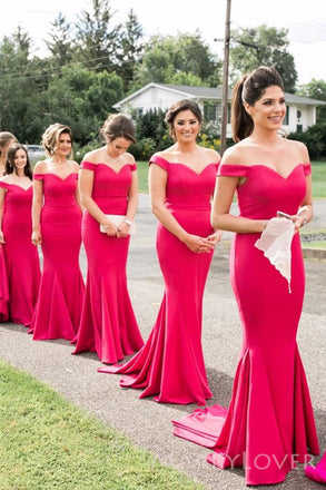 Simple Off Shoulder Long Mermaid Custom Bridesmaid Dresses , BN1226