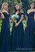 Off Shoulder Navy Blue Chiffon Appliques Long A-line Custom Bridesmaid Dresses , BN1232