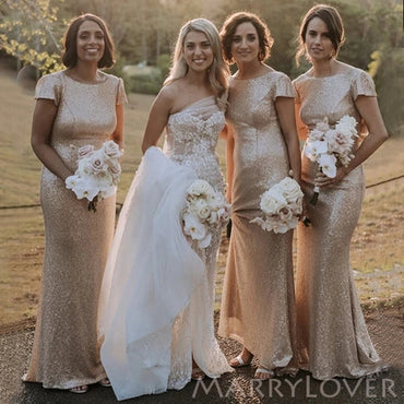 Simple Gold Sequins Mermaid Long Backless Custom Bridesmaid Dresses , BN1256