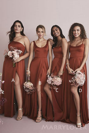 Simple Mismatched Satin Long Side Slit Custom Bridesmaid Dresses , BN1263