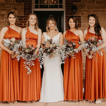 Simple One Shoulder A-line Burnt Orange Long Custom Bridesmaid Dresses , BN1286