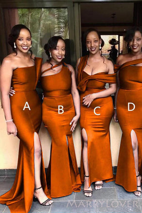 Mismatched Burnt Orange Satin Side Slit Long Mermaid Custom Bridesmaid Dresses , BN1287