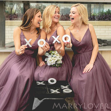 A-line Dusty Purple Tulle Spaghetti Straps Long Custom Bridesmaid Dresses , BN1304