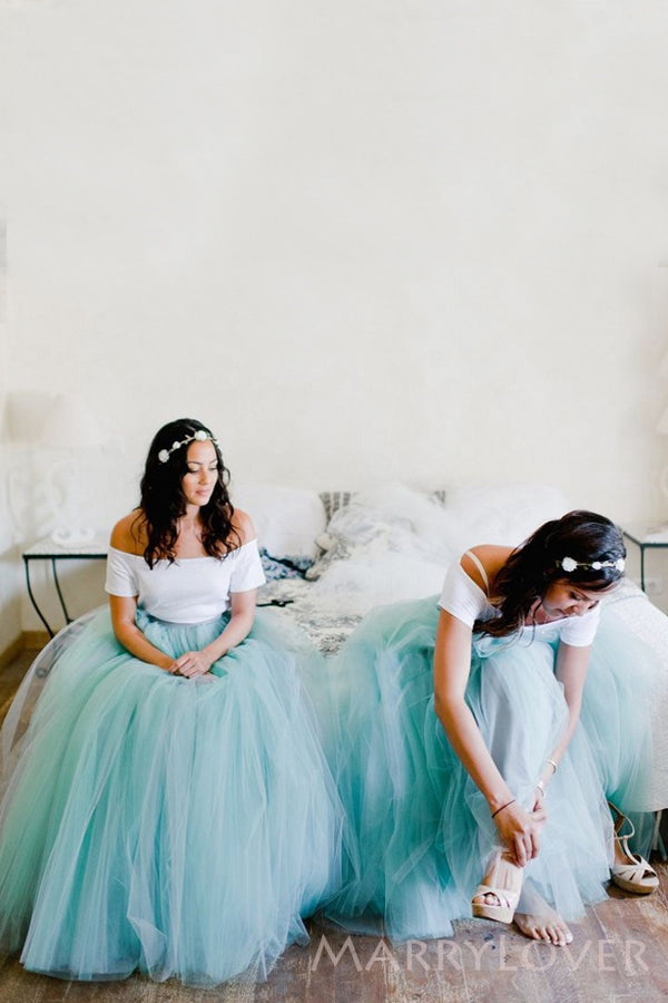 A-line Two Pieces Tulle Long Custom Bridesmaid Dresses , BN1307