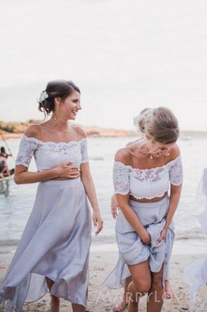 A-line Off Shoulder Two Pieces Short Custom Bridesmaid Dresses , BN1308