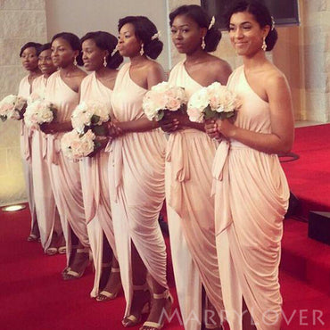 Simple One Shoulder Chiffon Side Slit Long Custom Bridesmaid Dresses , BN1309