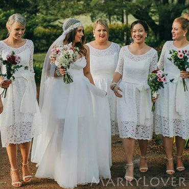 White Lace Half Sleeves Short Custom Bridesmaid Dresses , BN1313
