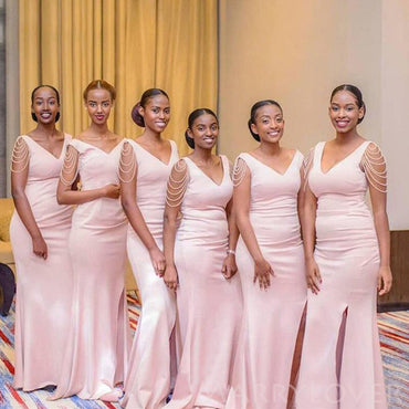 Mermaid Pink Satin Beaded V-neck Side Slit Long Custom Bridesmaid Dresses , BN1315