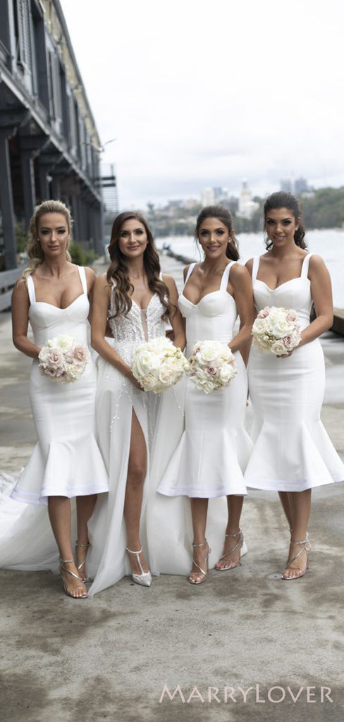 Mermaid Spaghetti Straps White Short Custom Bridesmaid Dresses , BN1317