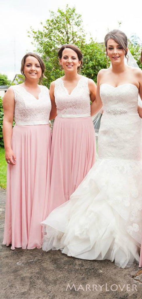 A-line Pink Chiffon Lace Long Custom Bridesmaid Dresses , BN1334