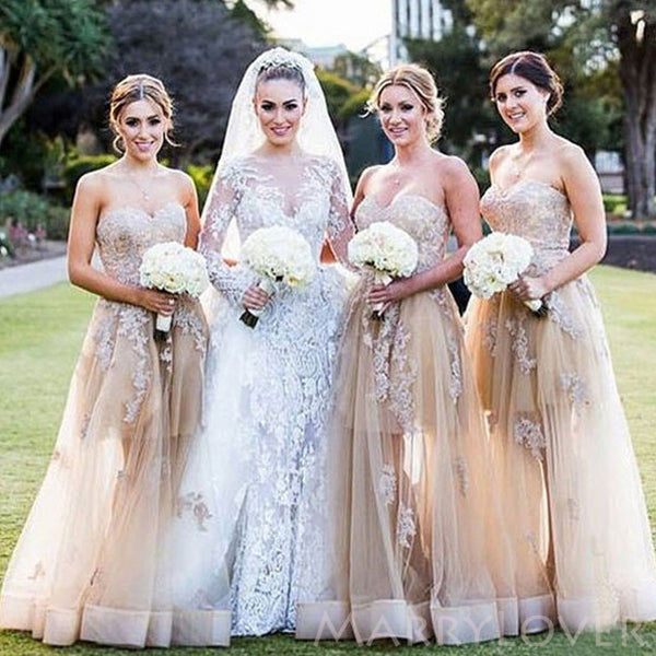 A-line Champagne Tulle Appliques Long Strapless Custom Bridesmaid Dresses , BN1336