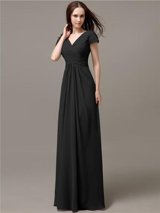 A-line V-neck Short Sleeves Pleats Bridesmaid Dresses