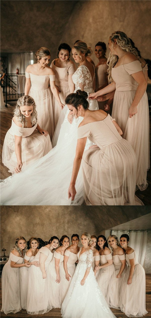 A-line Floor-length Off-shoulder Long Tulle Bridesmaid Dresses, BD0591
