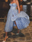 A-line Dusty Blue Sparkly Short Side Slit Strapless Homecoming Dresses, HM1010