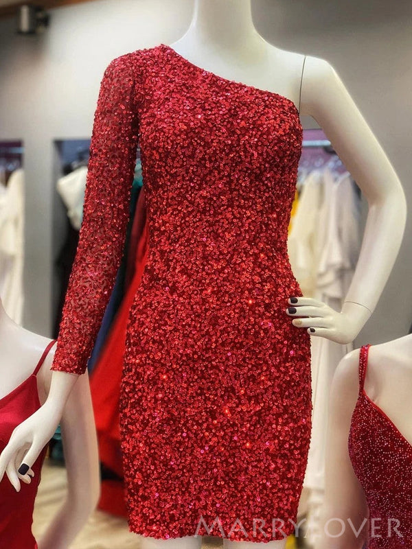 One Shoulder Long Sleeves Red Sequins Short Homecoming Dresses, HM1013