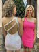 One Shoulder Hot Pink/White Sequins Short Homecoming Dresses, HM1028