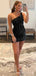 Simple One Shoulder Black Sequins Short Backless Homecoming Dresses, HM1030