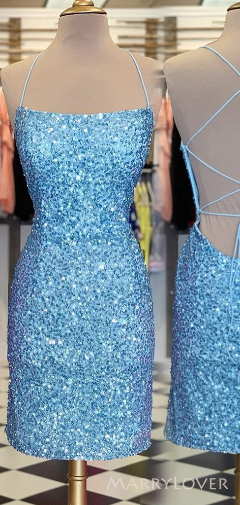 Blue Sequins Spaghetti Straps Short Backless Homecoming Dresses, HM1032
