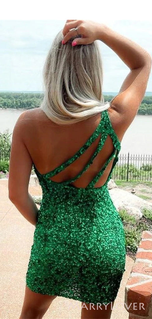 Green Sequins One Shoulder Short Backless Homecoming Dresses, HM1036
