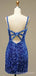 Blue Sequins V-neck Spaghetti Straps Short backless Homecoming Dresses, HM1040