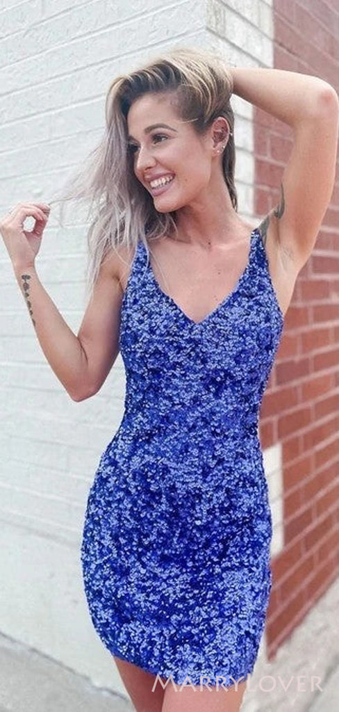 Blue Sequins V-neck Spaghetti Straps Short backless Homecoming Dresses, HM1040