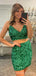 Two Pieces Green Sequins Spaghetti Straps V-neck Short Backless Homecoming Dresses, HM1042