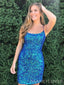 Simple Spaghetti Straps Blue Sequins Bateau Short backless Homecoming Dresses, HM1047