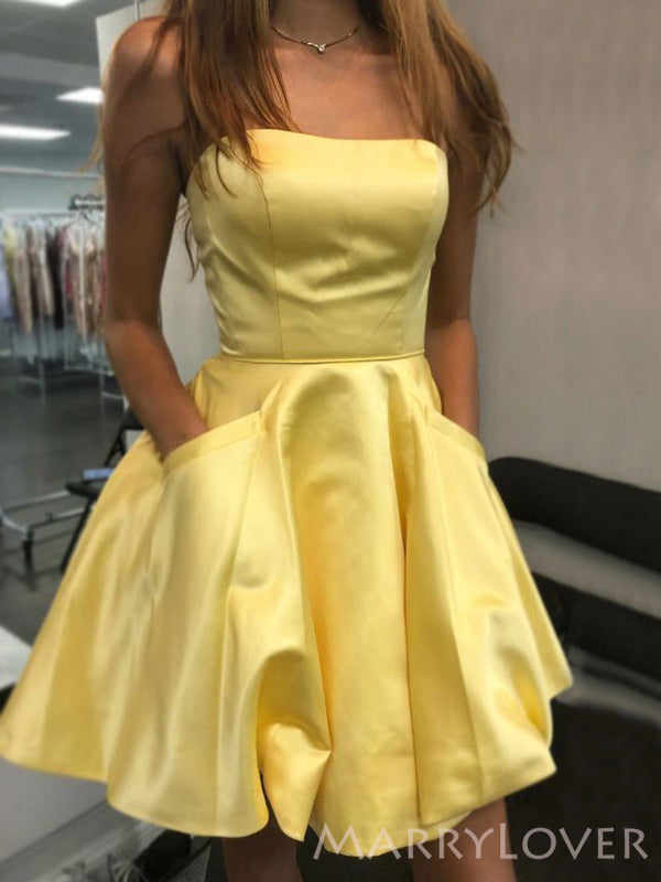 Yellow Satin Strapless A-line Short Backless Homecoming Dresses, HM1055