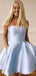 Sky Blue Satin Beaded Strapless A-line Short Backless Homecoming Dresses, HM1065