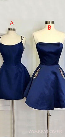 Navy Blue Satin A-line Short Backless Homecoming Dresses, HM1069