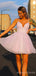 Pink Sparkly Spaghetti Straps A-line Short V-neck Homecoming Dresses, HM1072