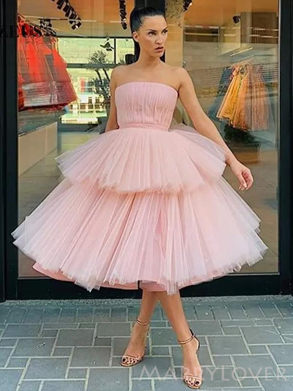 Pink Tulle A-line Strapless Short Homecoming Dresses, HM1078