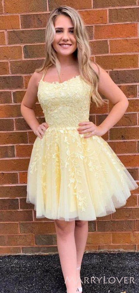 Yellow Tulle Appliques A-line Spaghetti Straps Short Homecoming Dresses, HM1079